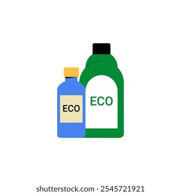 Eco Friendly Detergent Bottles In Flat Vector Illustration Symbolizing Environmental Sustainability And Green Cleaning Products, Isolated On White Background.