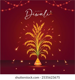 Eco amigável diwali, Crackers de grãos de ouro em fundo vermelho.