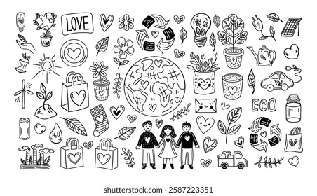 Eco friendly doodle set with earth, plants, recycling, hearts, people, nature, outline illustration 
