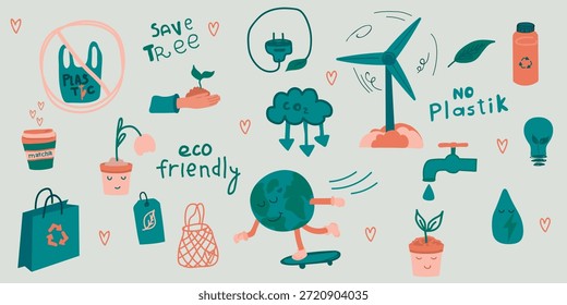 Conjunto de Doodle ecológico. Estilo de vida sostenible dibujado a mano, protección del medio ambiente, cero residuos, reciclaje, Ilustración vectorial de energía verde