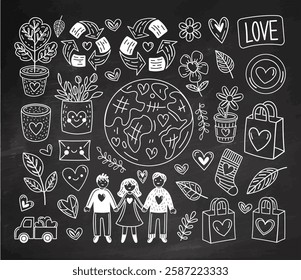 Eco friendly doodle set with love, nature, recycling and people 