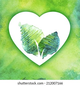 Eco friendly  drawing vector symbol. Watercolor leaves and heart shape. Go green illustration. Ecology emblem. Hand drawing watercolor colorful background.