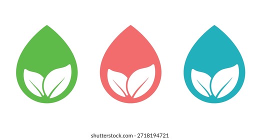 Umweltfreundliches Tropfen-Symbol-Set mit Blattsymbol, flacher Vektorgrafik von grünen, rosa und blauen Wassertropfen für Bio-Getränke, natürliches Öl, Ökologie und Bioprodukt-Logo einzeln auf weißem Hintergrund.