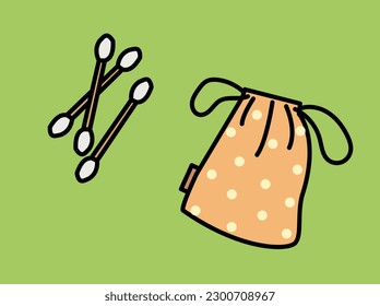 Eco friendly ear sticks. Bag and sticks with cotton wool made from environmentally friendly materials. Caring for nature and environment. Reuse and recycling. Cartoon flat vector illustration