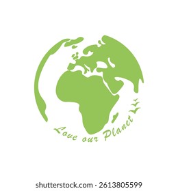 Eco friendly earth illustration in green with text ,LOVE OUR PLANET, and flying birds. Perfect for earth day, sustainability, nature awareness, ecology campaigns and nature conservation design themes