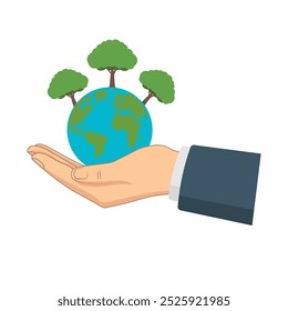 Eco Friendly Earth Illustration, Hand Holding the Planet Earth with Trees