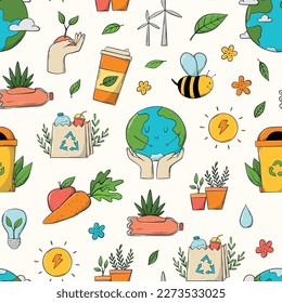 Umweltfreundliche, ökologische Nachhaltigkeit, nahtloses Abfallmuster mit Doodles, Clipart-Kunst, Cartoon-Elemente zum Verpacken von Papier, Scrapbooking, Bildschirmhintergrund, Drucke, Hintergründe usw. EPS10