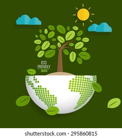 ECO FRIENDLY. Ecology concept with globe and tree background. Vector illustration.