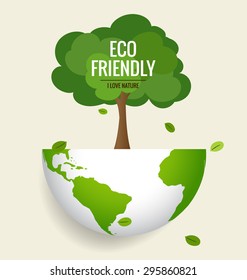 ES AMABLE. Concepto de ecología con fondo de globo y árbol. Ilustración vectorial.