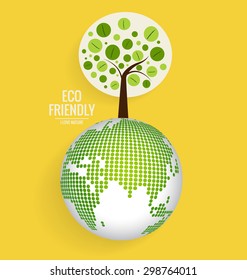 ES AMABLE. Concepto de ecología con fondo de globo y árbol. Ilustración vectorial.