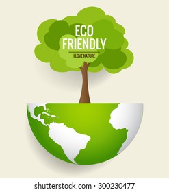 ECO FRIENDLY. Ecology concept with globe and tree background. Vector illustration.