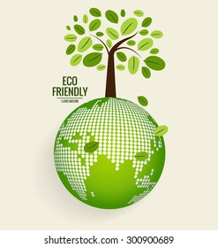ECO FRIENDLY. Ecology concept with globe and tree background. Vector illustration.