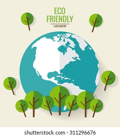 ECO FRIENDLY. Ecology concept with globe and tree background. Vector illustration.