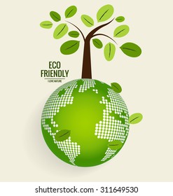 ECO FRIENDLY. Ecology concept with globe and tree background. Vector illustration.