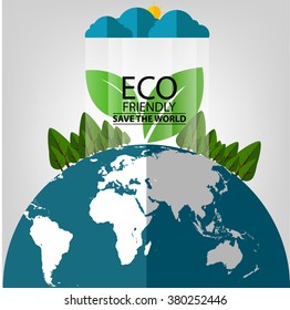 ECO FRIENDLY. Ecology concept with globe and tree background. Vector illustration.