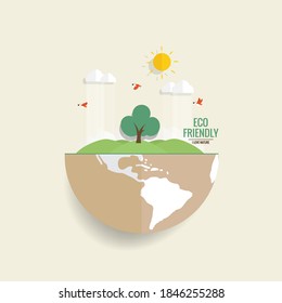 ECO FRIENDLY. Ecology concept with Green Eco Earth and Trees. Vector illustration.