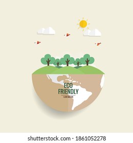 ECO FRIENDLY. Ecology concept with Green Eco Earth and Trees. Vector illustration.