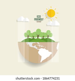ECO FRIENDLY. Ecology concept with Green Eco Earth and Trees. Vector illustration.