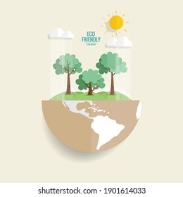 ECO FRIENDLY. Ecology concept with Green Eco Earth and Trees. Vector illustration.