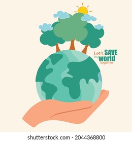 ECO FRIENDLY. Ecology concept with Green Eco Earth and Trees. Vector illustration