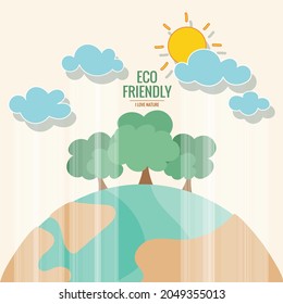ECO FRIENDLY. Ecology concept with Green Eco Earth and Trees. Vector illustration
