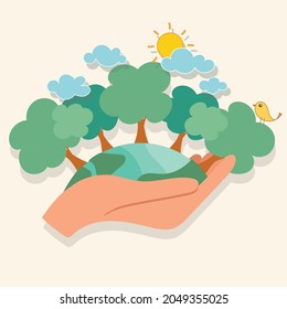 ECO FRIENDLY. Ecology concept with Green Eco Earth and Trees. Vector illustration