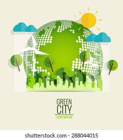 ECO FRIENDLY. Ecology concept with Green Eco Earth and Trees. Vector illustration.