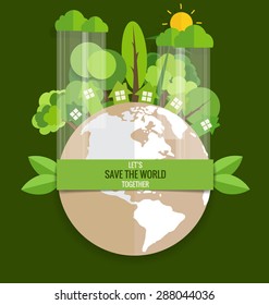 ECO FRIENDLY. Ecology concept with Green Eco Earth and Trees. Vector illustration.