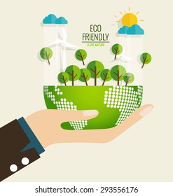 ECO FRIENDLY. Ecology concept with Green Eco Earth and Trees. Vector illustration.