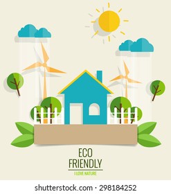 ECO FRIENDLY. Ecology concept with Green city and Trees. Vector illustration.