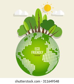 ECO FRIENDLY. Ecology concept with Green Eco Earth and Trees. Vector illustration.