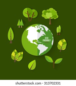 ECO FRIENDLY. Ecology concept with Green Eco Earth and Trees. Vector illustration.