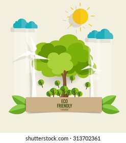 ECO FRIENDLY. Ecology concept with Green Eco Earth and Trees. Vector illustration.