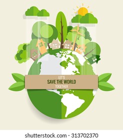 ECO FRIENDLY. Ecology concept with Green Eco Earth and Trees. Vector illustration.