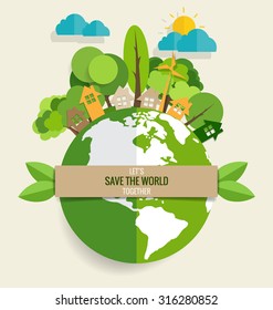 ECO FRIENDLY. Ecology concept with Green Eco Earth and Trees. Vector illustration.