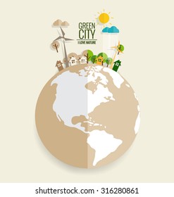 ECO FRIENDLY. Ecology concept with Green Eco Earth and Trees. Vector illustration.