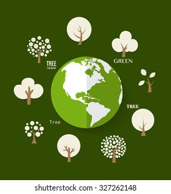 ECO FRIENDLY. Ecology concept with Green Eco Earth and Trees. Vector illustration.