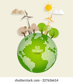 ECO FRIENDLY. Ecology concept with Green Eco Earth and Trees. Vector illustration.