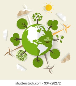 ECO FRIENDLY. Ecology concept with Green Eco Earth and Trees. Vector illustration.
