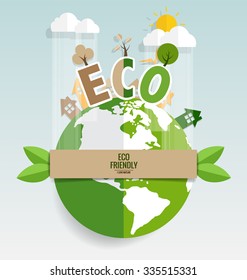 ECO FRIENDLY. Ecology concept with Green Eco Earth and Trees. Vector illustration.