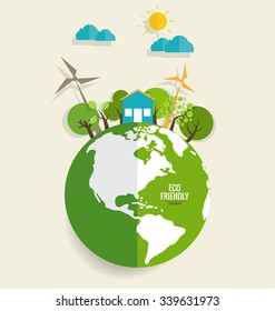 ECO FRIENDLY. Ecology concept with Green Eco Earth and Trees. Vector illustration.