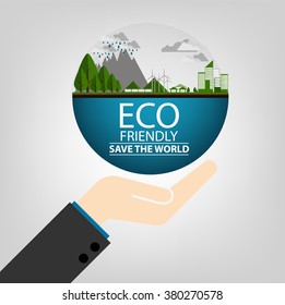 ECO FRIENDLY. Ecology concept with Green Eco Earth and Trees. Vector illustration.
