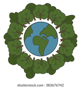 ECO FRIENDLY. Ecology concept with Green Eco Earth and Trees. Vector illustration.