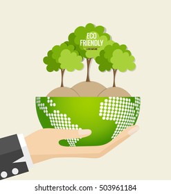 ECO FRIENDLY. Ecology concept with Green Eco Earth and Trees. Vector illustration.