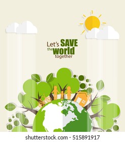 ECO FRIENDLY. Ecology concept with Green Eco Earth and Trees. Vector illustration.