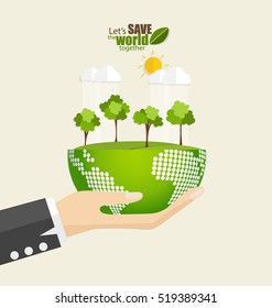 ECO FRIENDLY. Ecology concept with Green Eco Earth and Trees. Vector illustration.