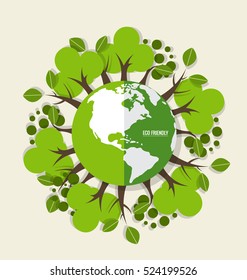 ECO FRIENDLY. Ecology concept with Green Eco Earth and Trees. Vector illustration.