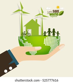 ECO FRIENDLY. Ecology concept with Green Eco Earth and Trees. Vector illustration.