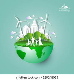 ECO FRIENDLY. Ecology concept with Green Eco Earth and Trees.The family enjoyed the use of natural energy. Vector illustration