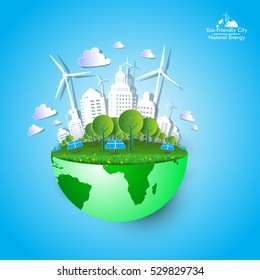 ECO FRIENDLY. Ecology concept with Green Eco Earth and Trees. Vector illustration